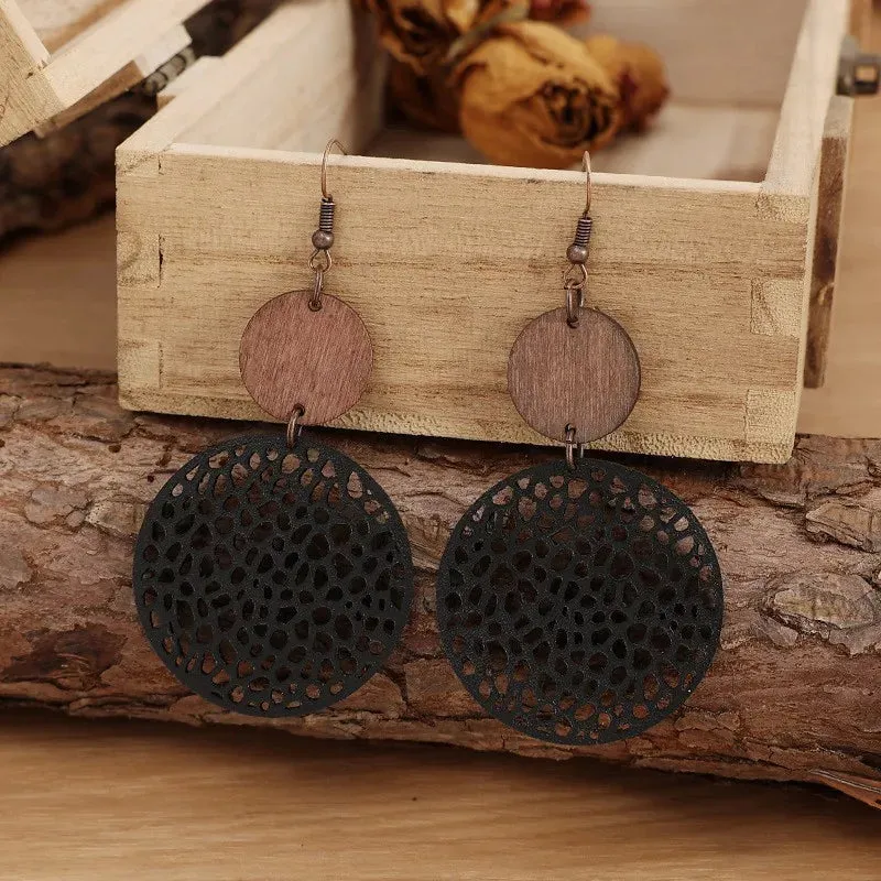 Vintage Wood & Leather Drop Earrings | Hollow Round Bohemian Earrings | Women's Jewelry