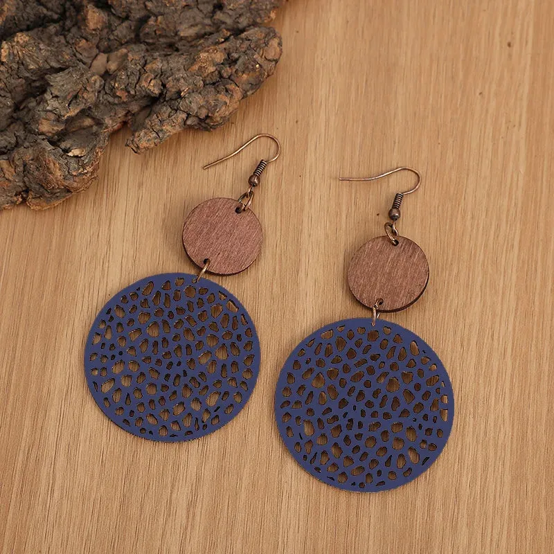Vintage Wood & Leather Drop Earrings | Hollow Round Bohemian Earrings | Women's Jewelry