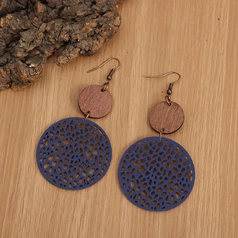 Vintage Wood & Leather Drop Earrings | Hollow Round Bohemian Earrings | Women's Jewelry