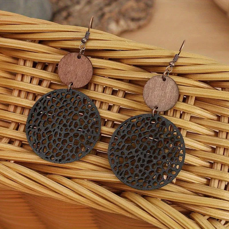 Vintage Wood & Leather Drop Earrings | Hollow Round Bohemian Earrings | Women's Jewelry