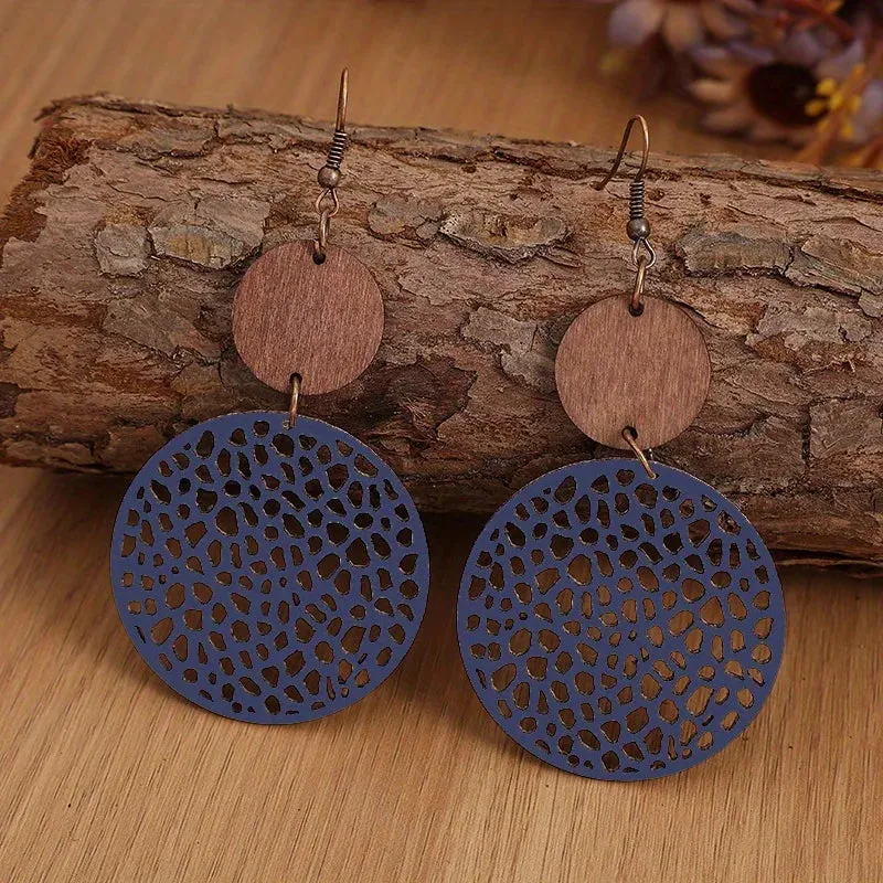 Vintage Wood & Leather Drop Earrings | Hollow Round Bohemian Earrings | Women's Jewelry
