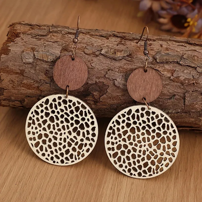 Vintage Wood & Leather Drop Earrings | Hollow Round Bohemian Earrings | Women's Jewelry