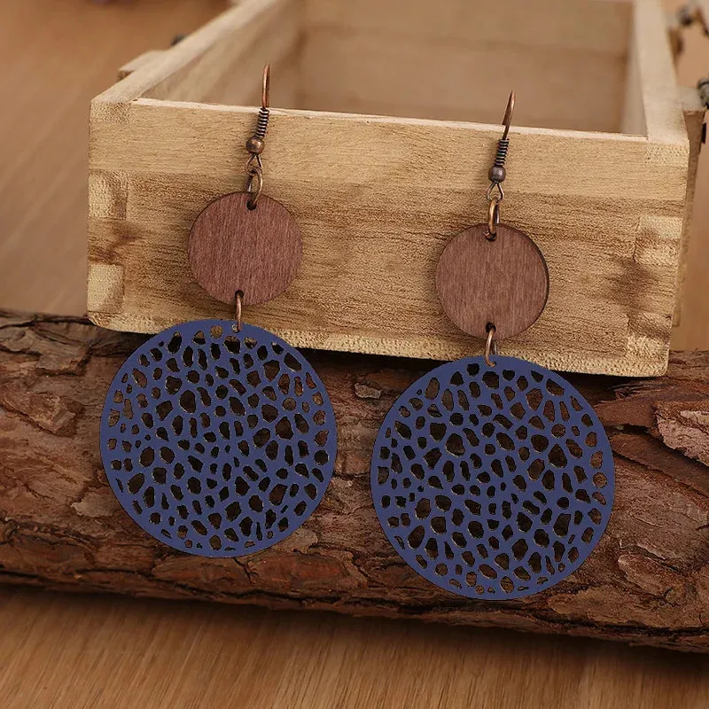 Vintage Wood & Leather Drop Earrings | Hollow Round Bohemian Earrings | Women's Jewelry