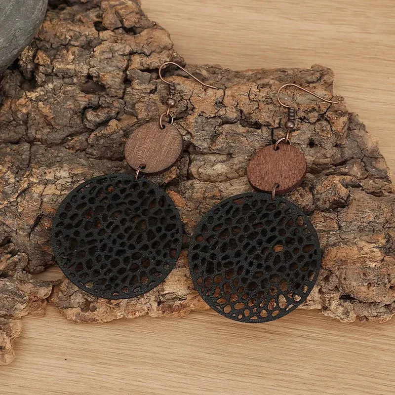 Vintage Wood & Leather Drop Earrings | Hollow Round Bohemian Earrings | Women's Jewelry