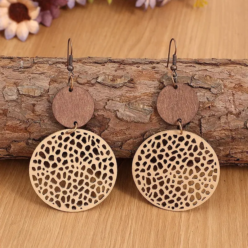 Vintage Wood & Leather Drop Earrings | Hollow Round Bohemian Earrings | Women's Jewelry