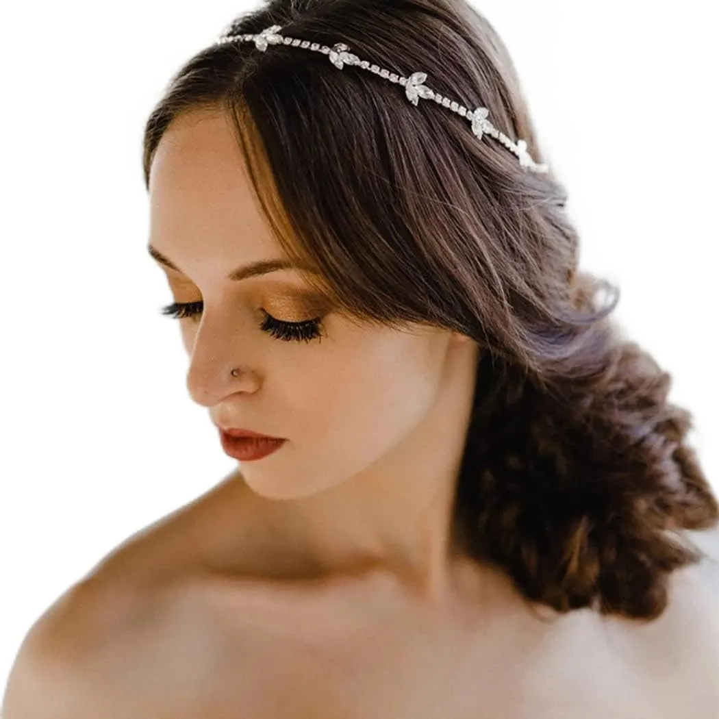 Wedding Rhinestone Head Chain Vintage Crystal Leaf Headpieces Bride Layered Hair Chain Jewelry Boho Festival Women Hair Accesories for Party Prom (Princess-Silver)