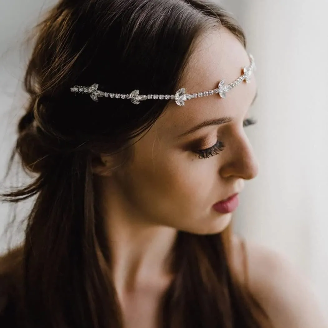 Wedding Rhinestone Head Chain Vintage Crystal Leaf Headpieces Bride Layered Hair Chain Jewelry Boho Festival Women Hair Accesories for Party Prom (Princess-Silver)