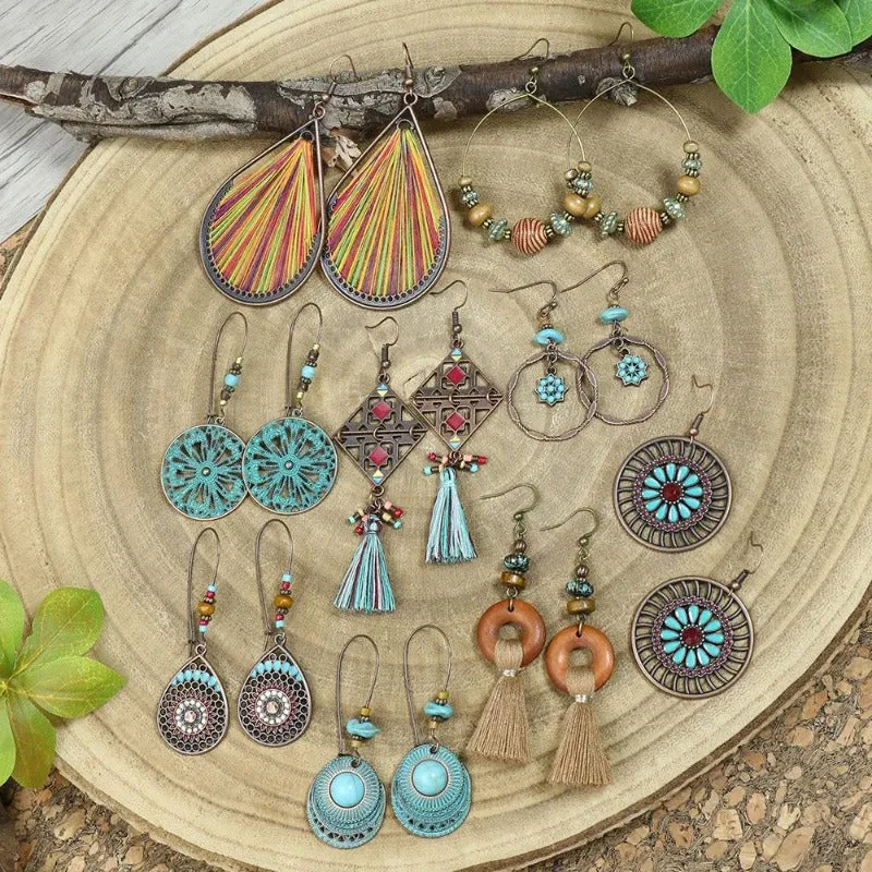 Wholesale Water Drop Exaggerated Retro Tassel Round Glaze Earrings