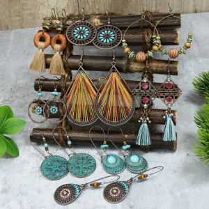 Wholesale Water Drop Exaggerated Retro Tassel Round Glaze Earrings