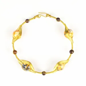 Wired Brass Bracelet with Orange Marble Beads