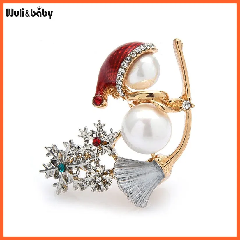 Witch On A Sweep Pearl Christmas Snowman Rhinestone Snowflake Brooch Pins