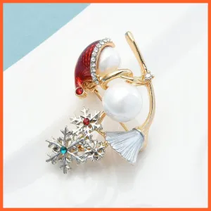 Witch On A Sweep Pearl Christmas Snowman Rhinestone Snowflake Brooch Pins
