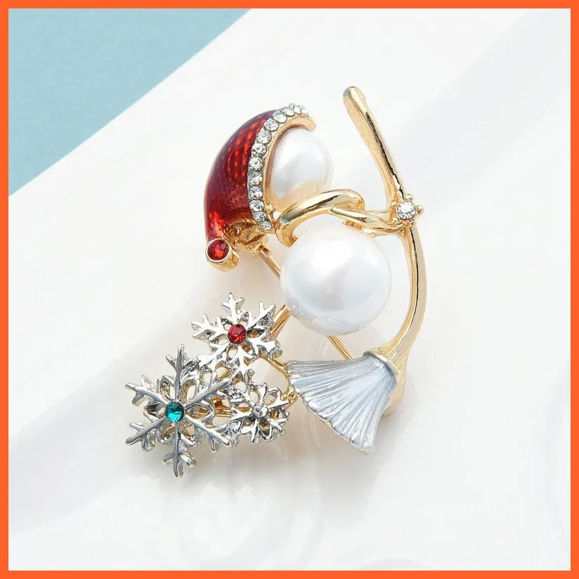 Witch On A Sweep Pearl Christmas Snowman Rhinestone Snowflake Brooch Pins