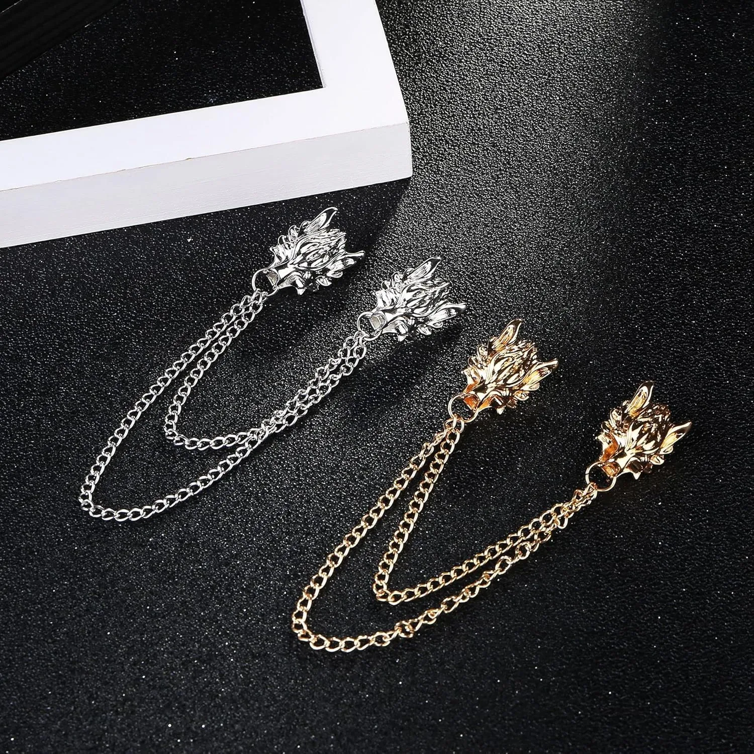 Wolf Head Long Collar Chain Brooch Pin Punk Long Chain Tassel Safty Pin Wild Animal Head Collar Coat Pin for Women Men's Corsage Pin Jewelry Gift