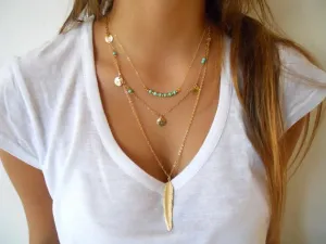Women Gold Color Multilayer Coin Tassels Lariat Bar  Feather Pendants Beads Choker Necklaces