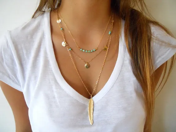 Women Gold Color Multilayer Coin Tassels Lariat Bar  Feather Pendants Beads Choker Necklaces