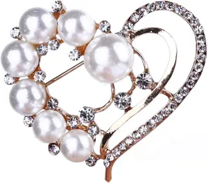 Women Imitation Pearl Rhinestone Heart Shaped Badge Brooches Pin Clothes Jewelry