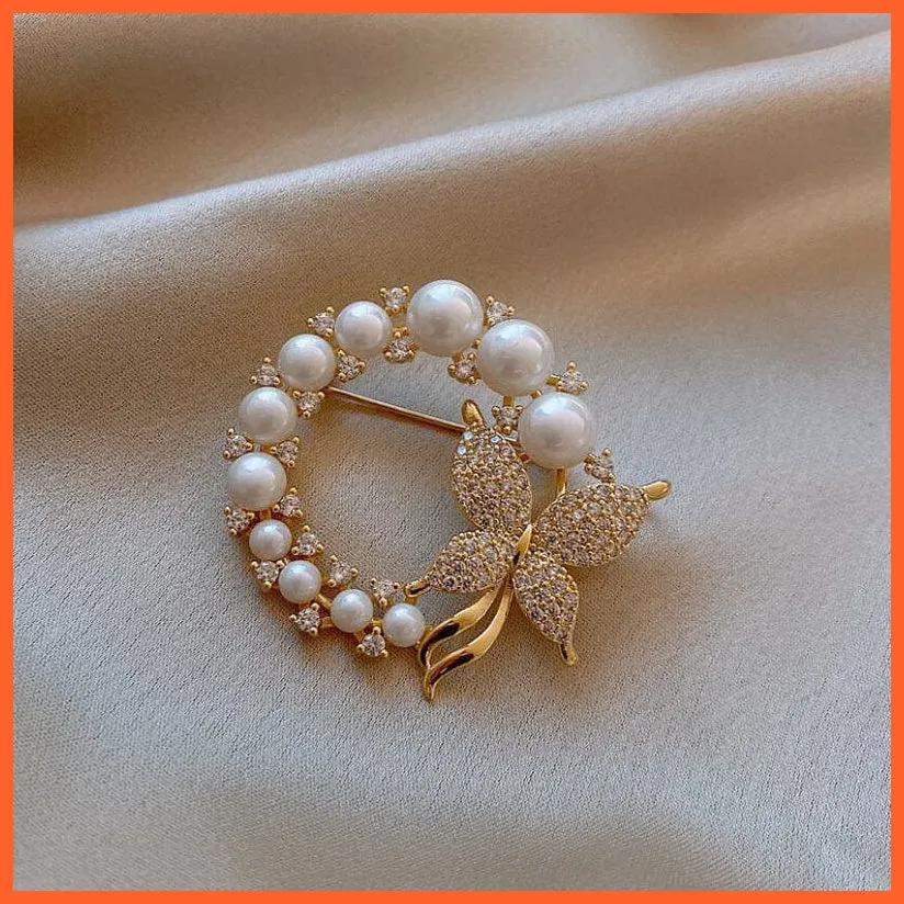Women Pearl Rhinestone Butterfly Brooch | Trendy Elegant Leaf Brooch Pins