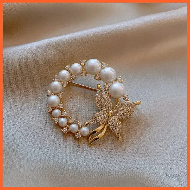 Women Pearl Rhinestone Butterfly Brooch | Trendy Elegant Leaf Brooch Pins