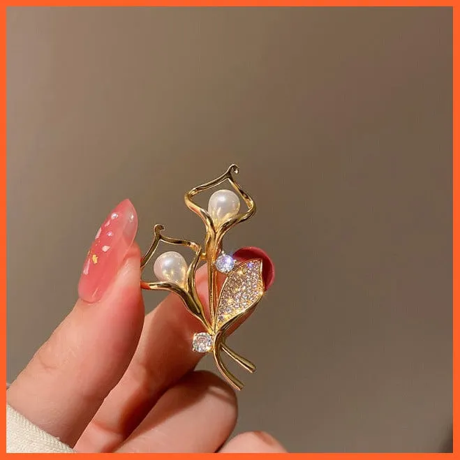 Women Pearl Rhinestone Butterfly Brooch | Trendy Elegant Leaf Brooch Pins