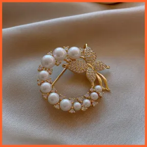 Women Pearl Rhinestone Butterfly Brooch | Trendy Elegant Leaf Brooch Pins