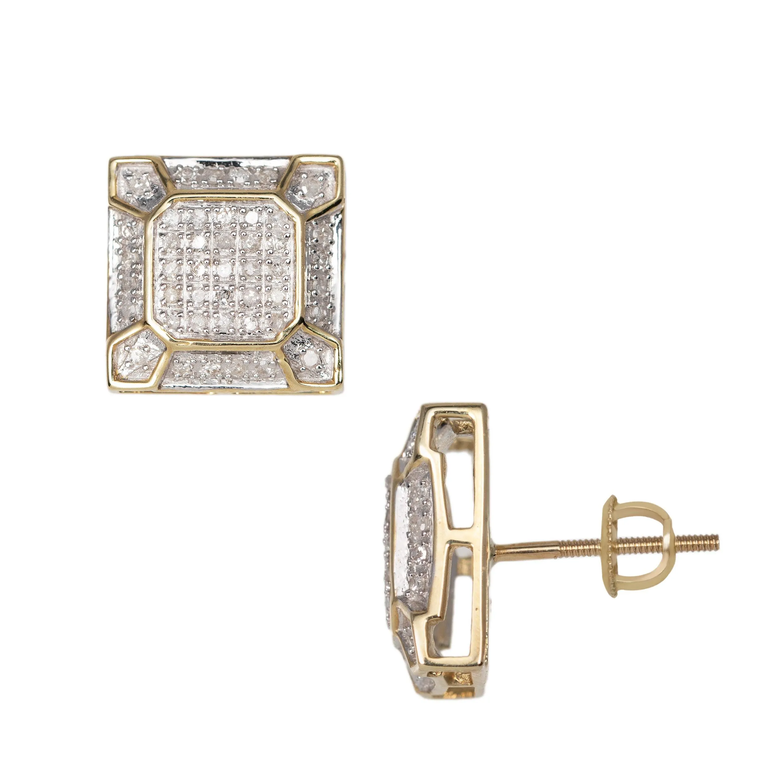 Women's Micro-Pavé Octagonal Design Square Diamond Stud Earrings 0.40ct 10K Yellow Gold