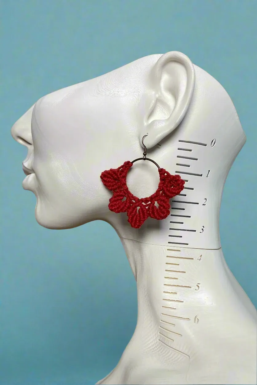 Woven Macrame Boho Leaf Earring Red