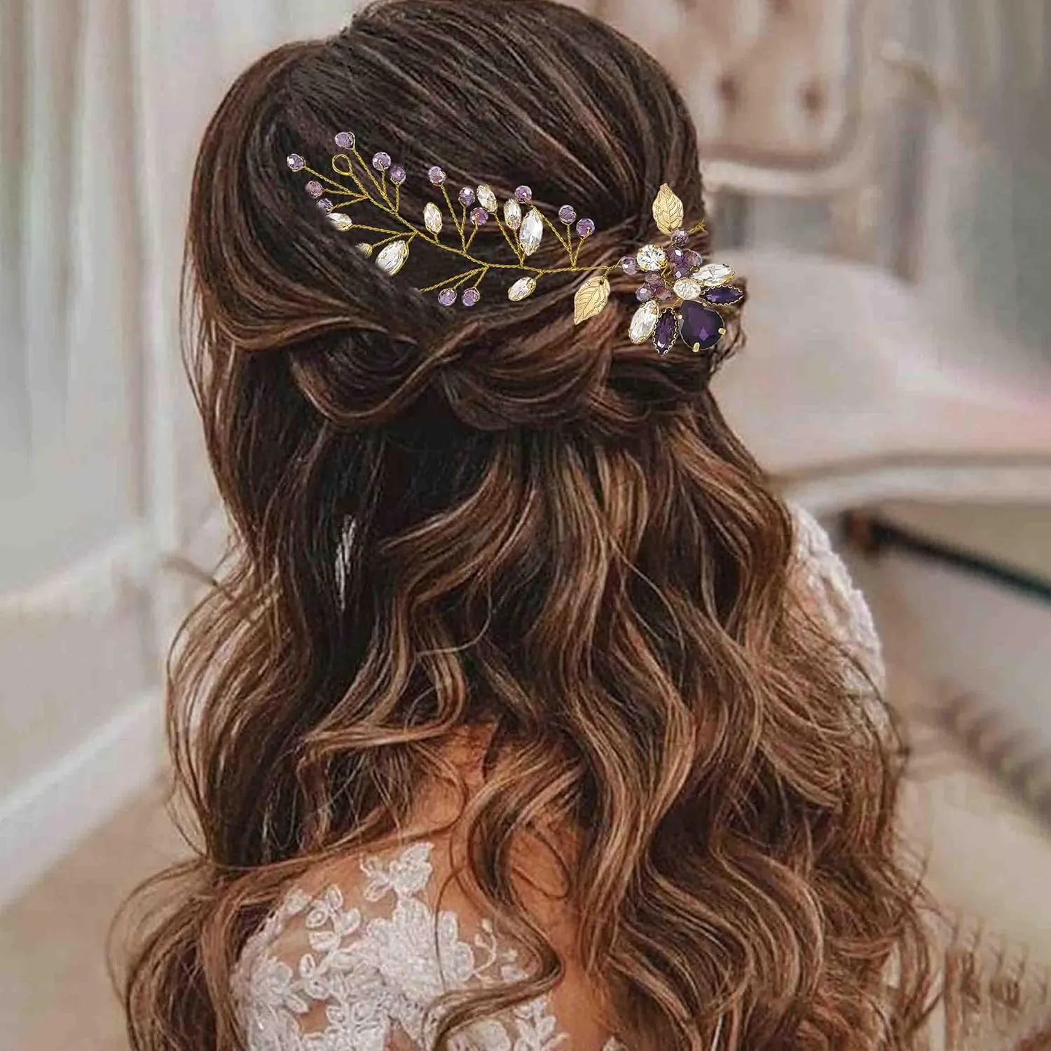 YBSHIN Bride Wedding Rhinestone Hair Vine Gold Leaf Hair Piece Crystal Headband Bridal Hair Accessories for Women and Girls