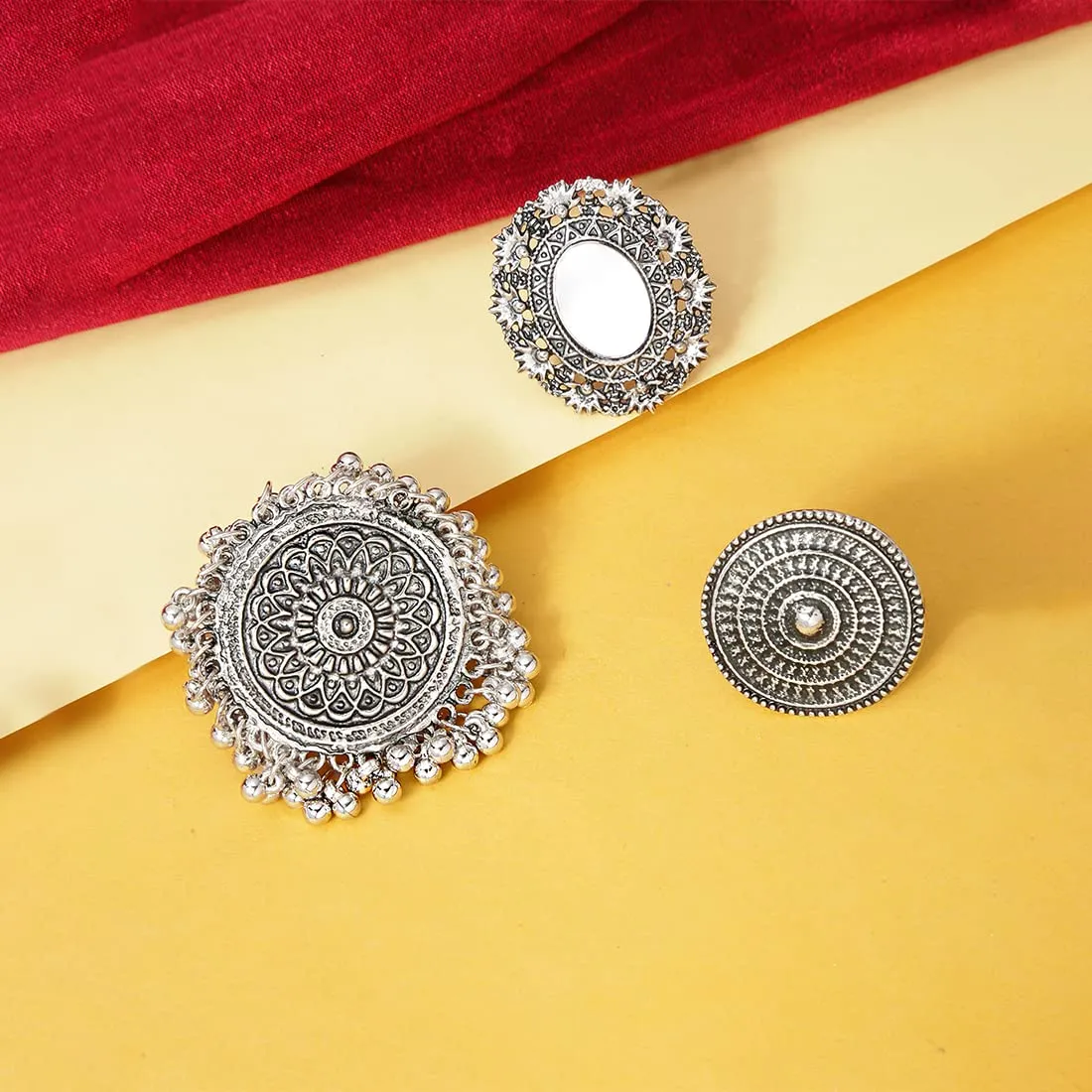 Yellow Chimes Oxidised Rings for Women 3 PCS Combo Ring Set Artistic Crafted Oxidised Silver Rings for Women and Girls.