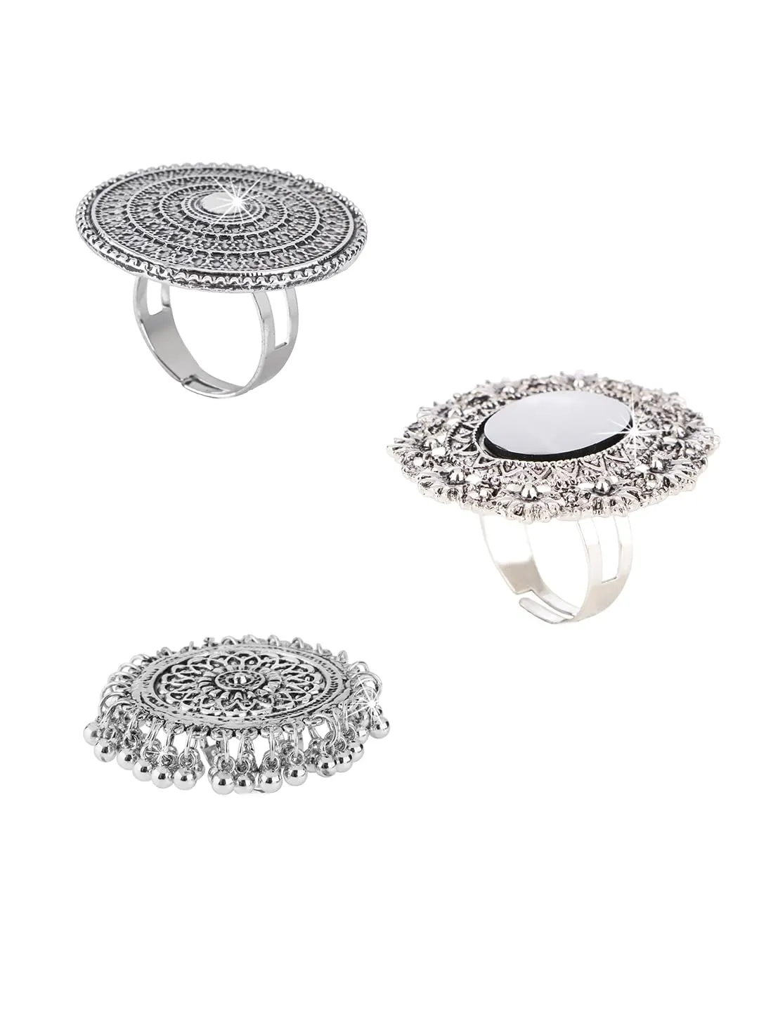 Yellow Chimes Oxidised Rings for Women 3 PCS Combo Ring Set Artistic Crafted Oxidised Silver Rings for Women and Girls.