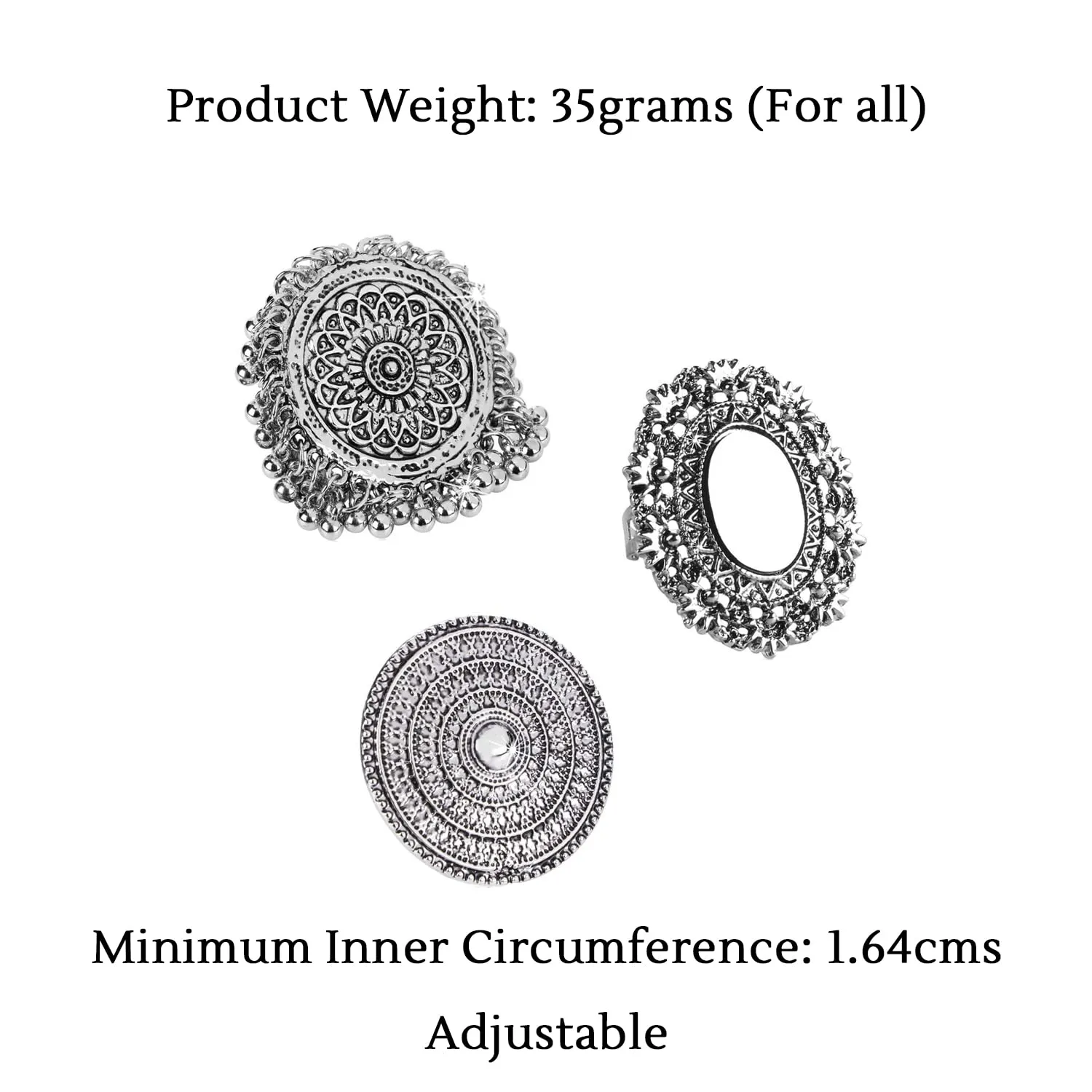 Yellow Chimes Oxidised Rings for Women 3 PCS Combo Ring Set Artistic Crafted Oxidised Silver Rings for Women and Girls.