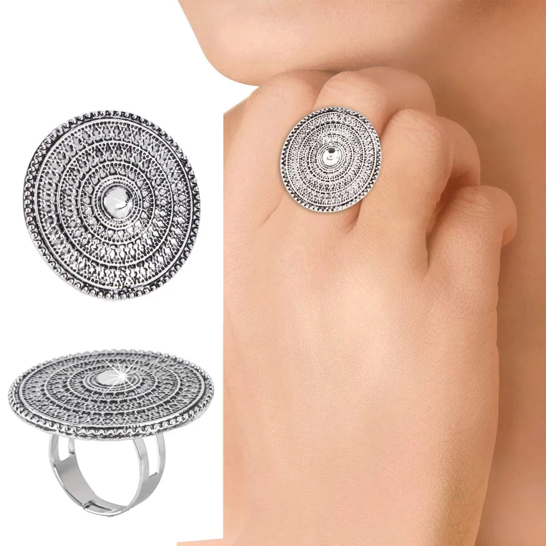 Yellow Chimes Oxidised Rings for Women 3 PCS Combo Ring Set Artistic Crafted Oxidised Silver Rings for Women and Girls.