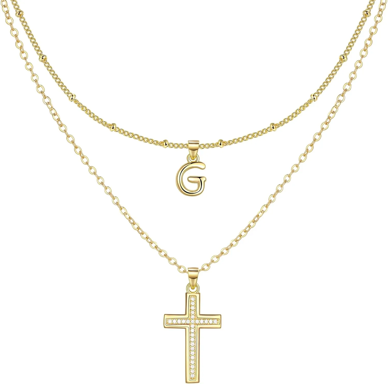 ZENI Dainty Cross Necklaces for Women, 14K Gold Plated Layered Chain Initial Pendant Choker Necklace, Cubic Zirconia Cross Christian Faith Jewelry Communion Baptism Gifts for Girls