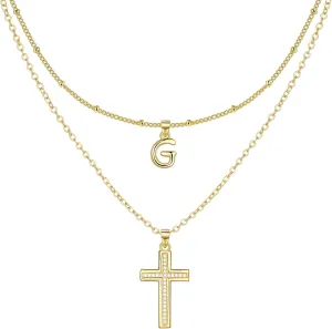 ZENI Dainty Cross Necklaces for Women, 14K Gold Plated Layered Chain Initial Pendant Choker Necklace, Cubic Zirconia Cross Christian Faith Jewelry Communion Baptism Gifts for Girls