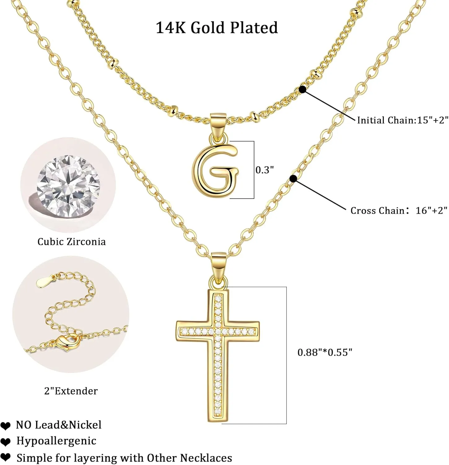 ZENI Dainty Cross Necklaces for Women, 14K Gold Plated Layered Chain Initial Pendant Choker Necklace, Cubic Zirconia Cross Christian Faith Jewelry Communion Baptism Gifts for Girls