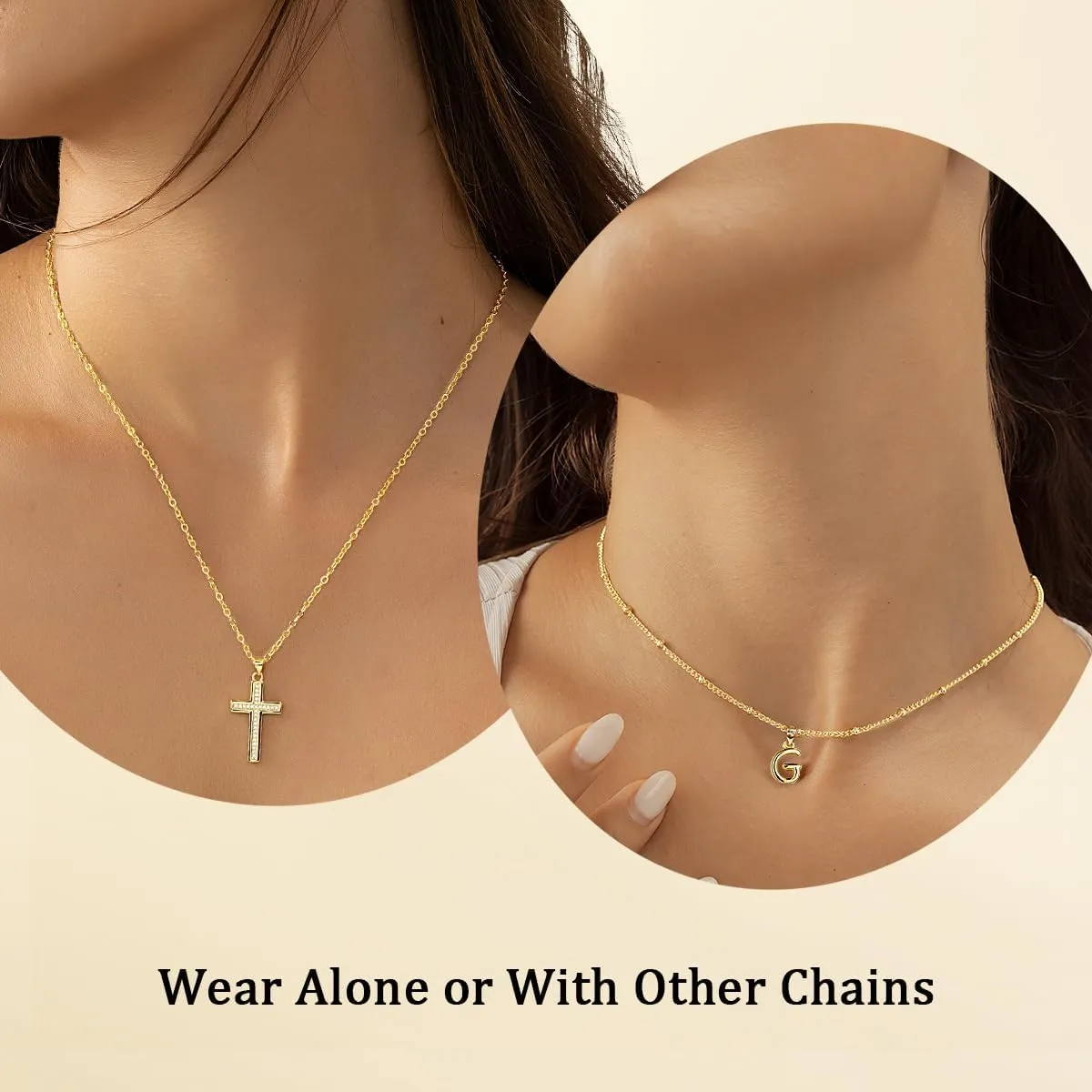 ZENI Dainty Cross Necklaces for Women, 14K Gold Plated Layered Chain Initial Pendant Choker Necklace, Cubic Zirconia Cross Christian Faith Jewelry Communion Baptism Gifts for Girls