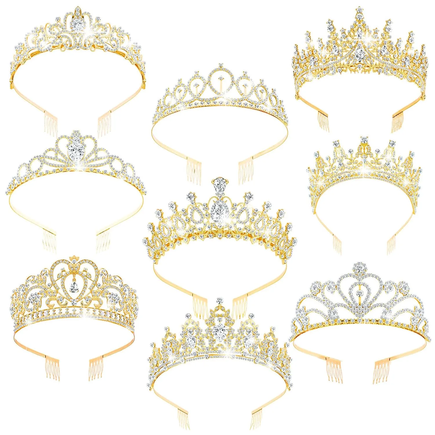 Zeyune 9 Pcs Tiaras and Crowns for Women Bulk Crystal Princess Tiara Rhinestone Brides Crown with Combs for Wedding Birthday Quinceanera Pageant Prom Hair Accessories(Gold)