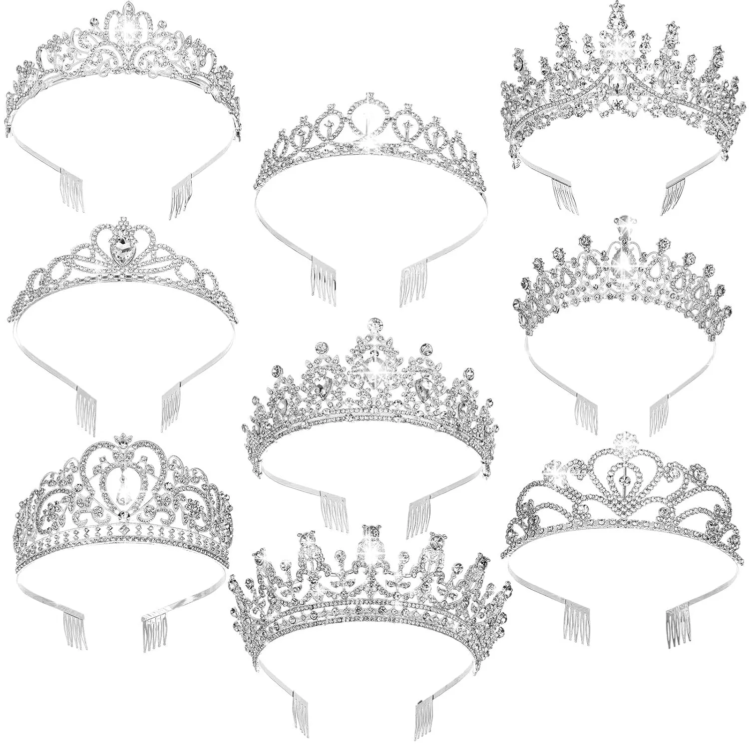 Zeyune 9 Pcs Tiaras and Crowns for Women Bulk Crystal Princess Tiara Rhinestone Brides Crown with Combs for Wedding Birthday Quinceanera Pageant Prom Hair Accessories(Silver)